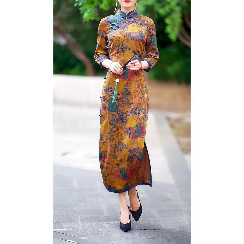 National style retro improved cheongsam dress women's 2021 autumn new middle-aged and elderly mother