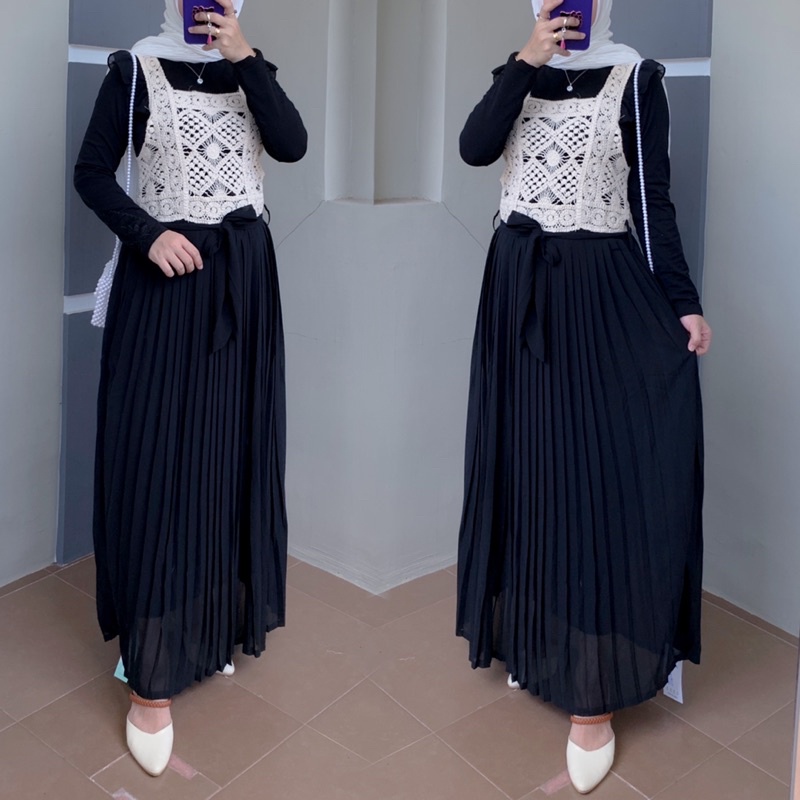 (TIDAK TERMASUK MANSET) Gamis OVERALL Kutung Rajut import kombinasi ceruti plisket by Yuna Fashion