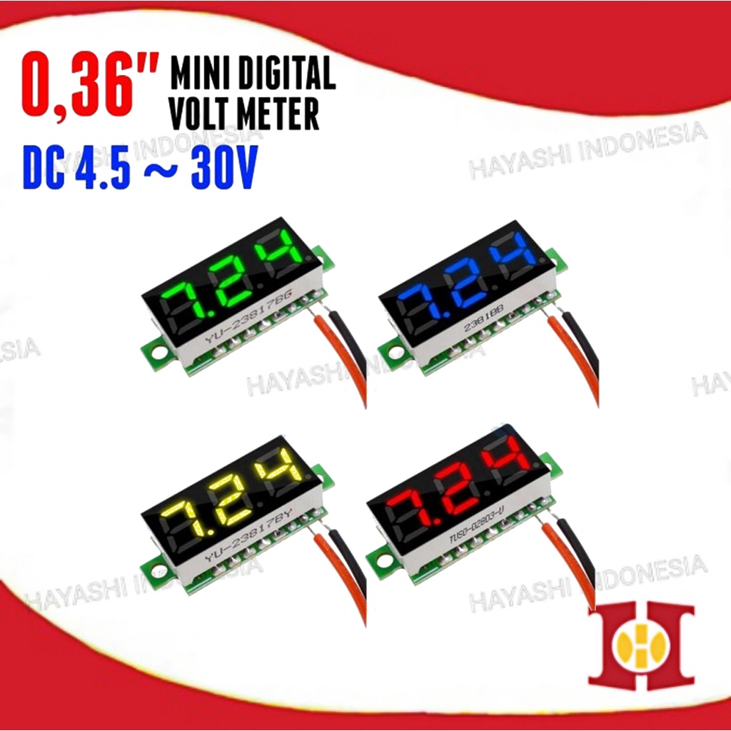 Digital Voltmeter Mini 0.36&quot; DC 4.5-30V Volt Meter 2 Kabel Tanpa Frame