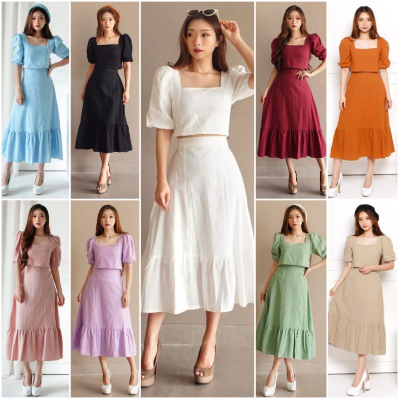 vb78j  PREMIUM  REAL PIC ROSELINE 2 IN 1 SET CROP BLOUSE WITH RUFFLE MIDI SKIRT / SETELAN ATASAN