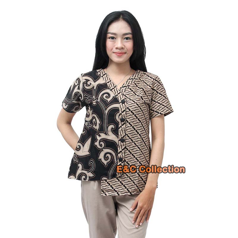 Blouse Batik Wanita Putri Kembar Modern Coklat / Atasan Batik Wanita / S M L XL 2L 3L 4L 5L-1