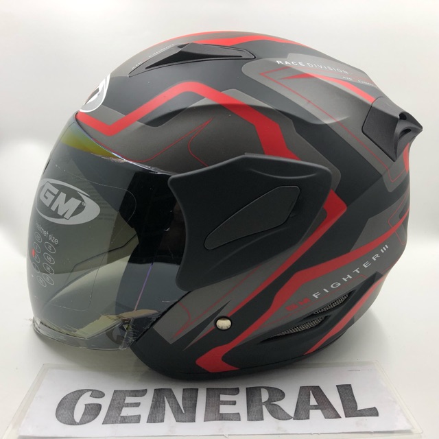 Helm GM Fighter Motif GV 2 Black Red Doff Hitam Merah Dop Half Face