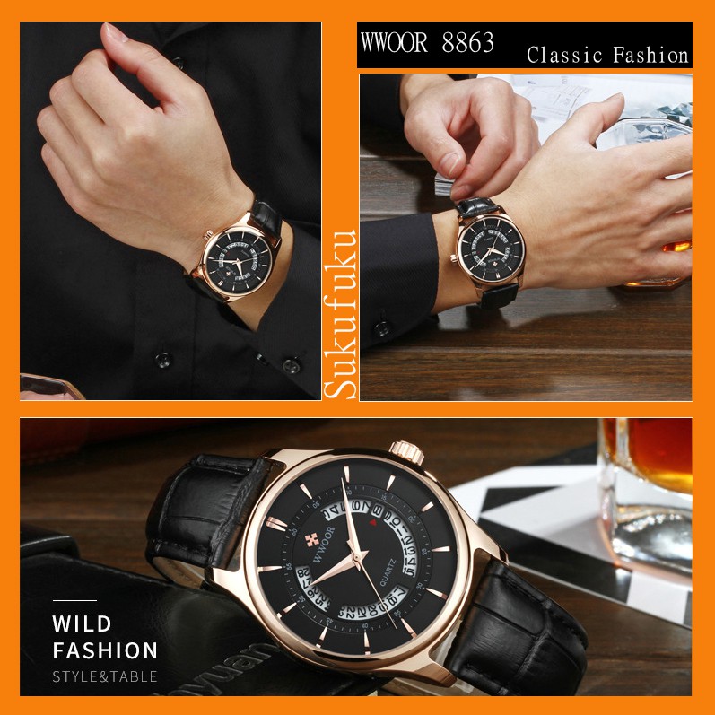 Wwoor Jam Tangan Pria 8863 gold black