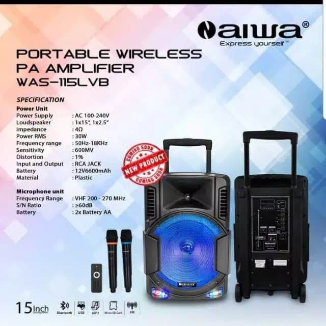 Speaker Portable Meeting Wireless N Aiwa WAS 115 LVB Bluetooth 15 inch