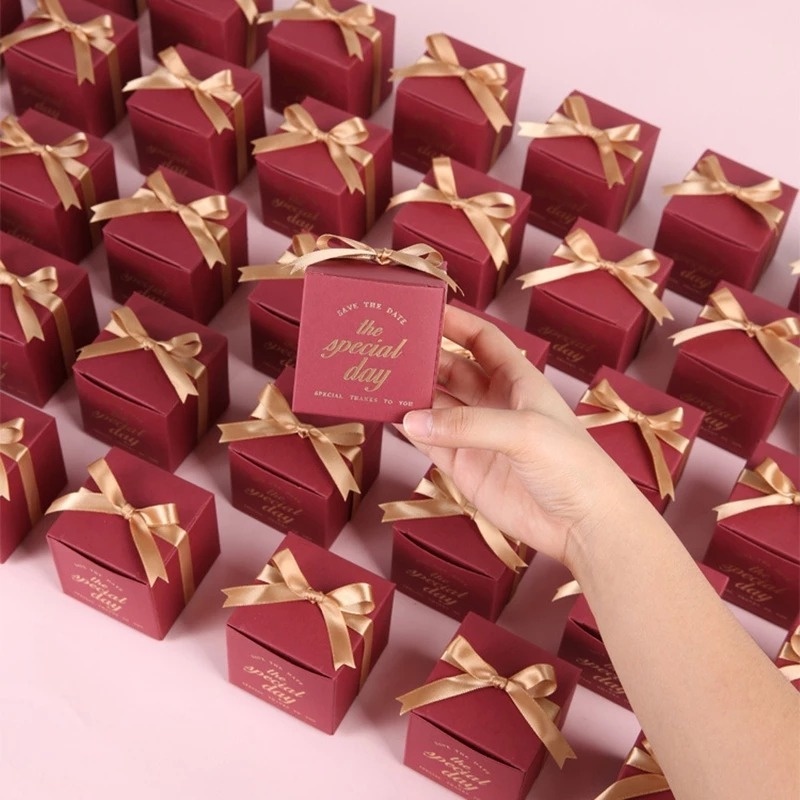 Kotak Kemasan Biskuit / Permen / Cokelat / Snack Bahan Kertas 2 Ukuran Dengan Pita Gaya Retro Untuk Hadiah Hari Valentine