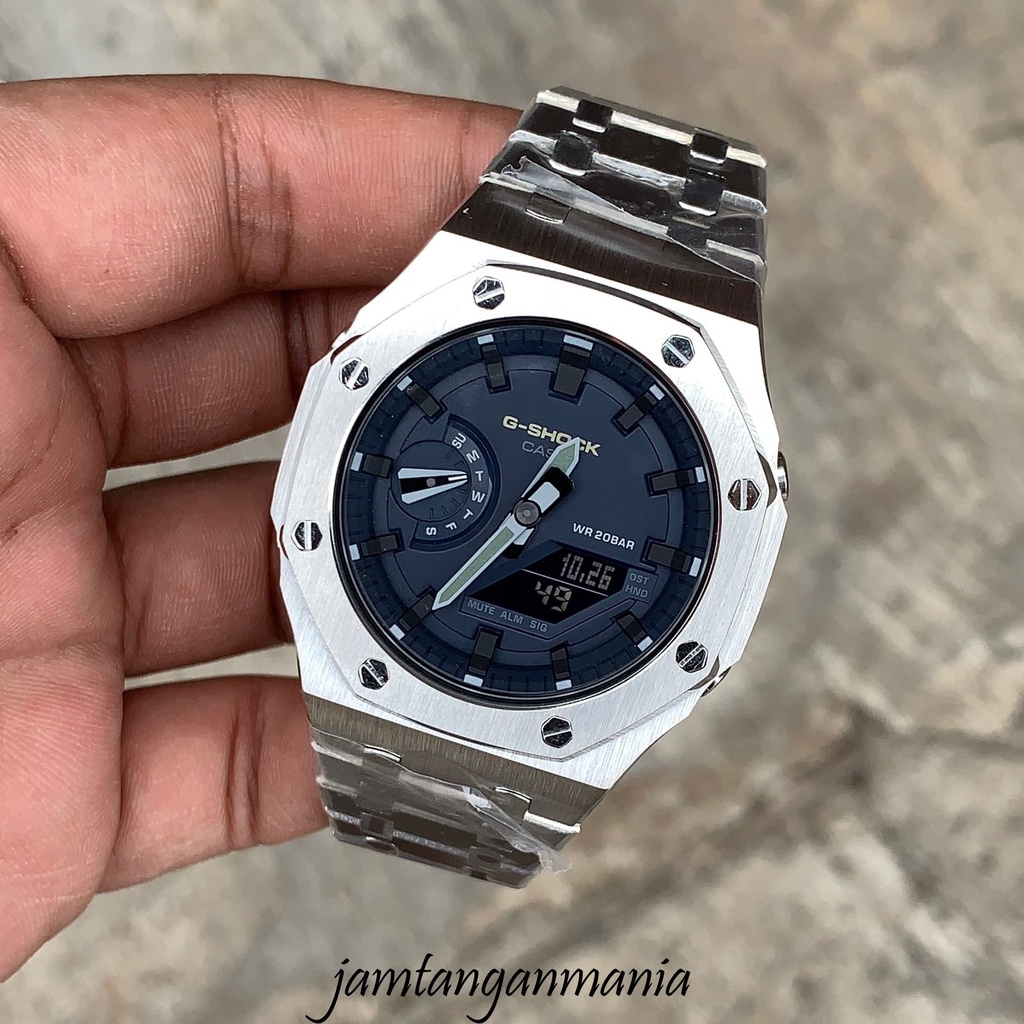 Jam Tangan G-Shock GA2100 GA-2100 GA 2100 Original Custom Strap Bezel Silver Stainless Steel Mesin/ 