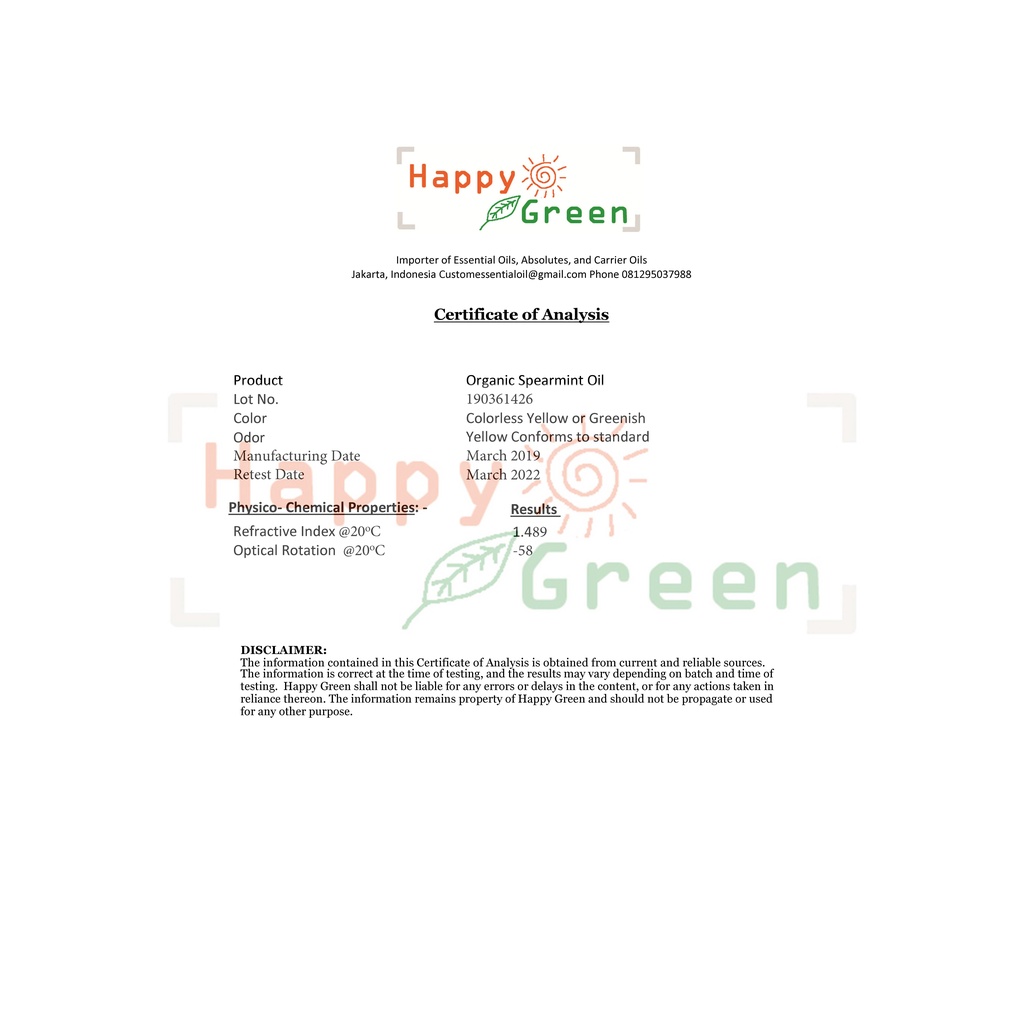 Happy Green ORGANIC Spearmint Essential Oil - 100% Minyak Spermint Alami