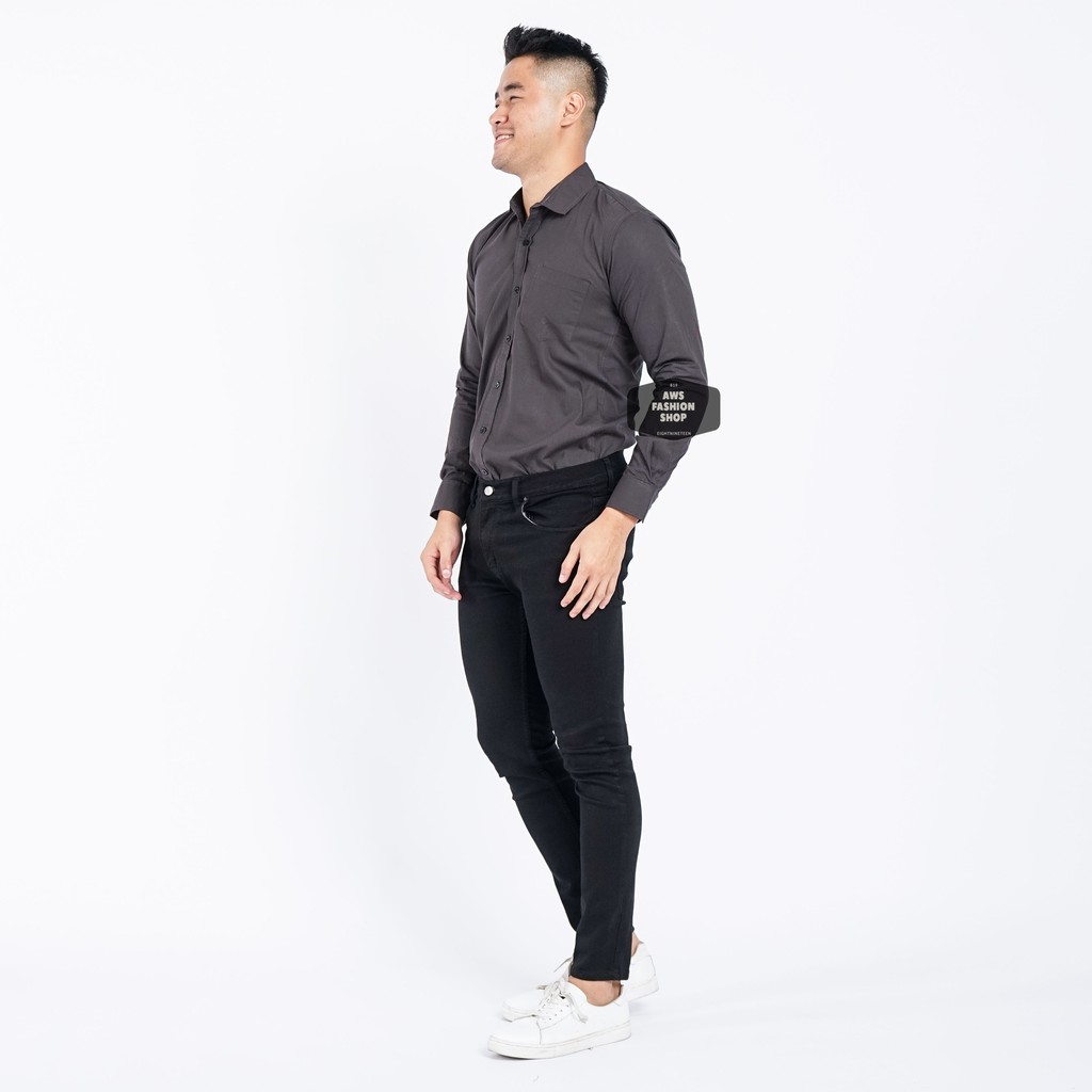 Kemeja Pria Lengan Panjang Polos Cowok Abu - Abu Tua Dark Grey Casual Slimfit 3272