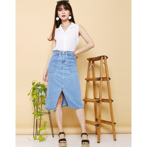 LIONA SKIRT JEANS / Rok Jeans Midi Slit Skirt Sielly / GOLDENBOWLERSSHOP / CALAMARY SHOP