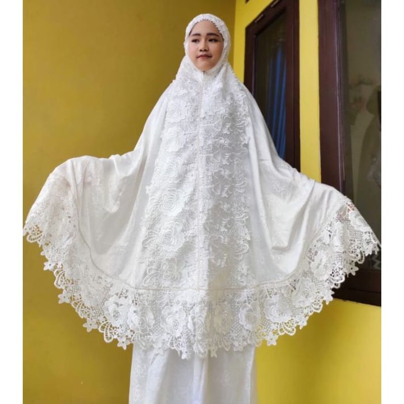 MUKENA TERBARU SUTRA DOVE RENDA PRADA MEWAH ROSE PUTIH CANTIK BAGUS ADEM BESAR JUMBO DEWASA MAHAR HA