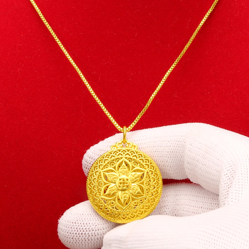 Kalung Emas Imitasi 18K Liontin Enam Kata Mantra Hollow Gaya Cina Retro Untuk Pria Dan Wanita