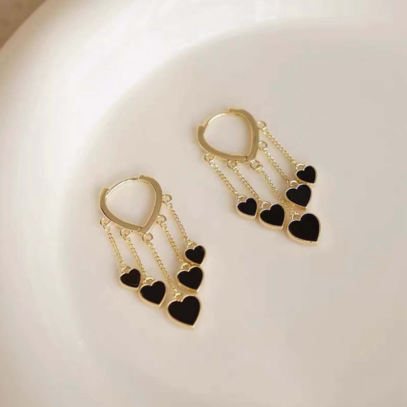 Anting Gantung Panjang Model Hati Dengan Rumbai Warna Hitam Untuk Wanita