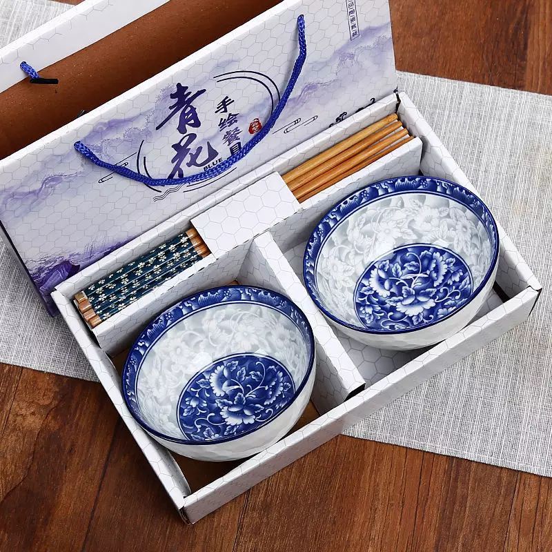 set mangkok rice bowl bunga biru gift hadiah with box