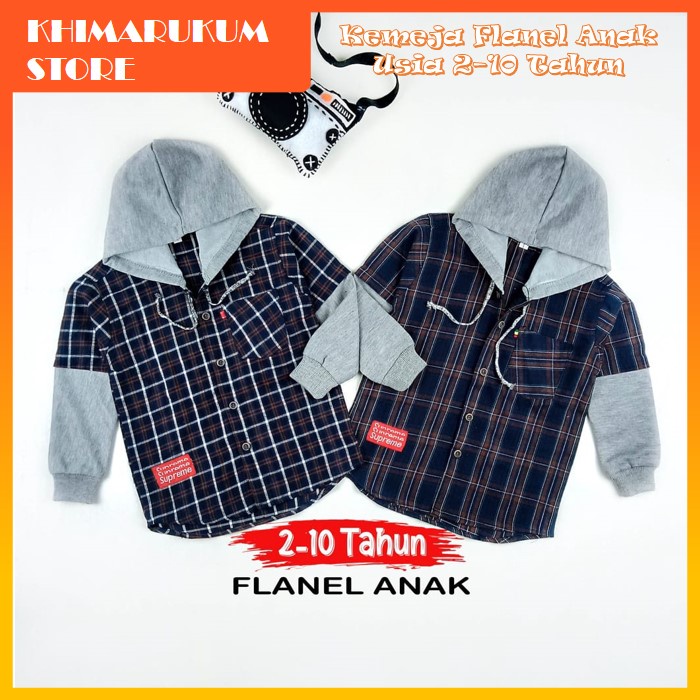 Kemeja Hem Hoodie Flanel Anak Laki Laki Cowok Motif Kotak Kotak Import Distro Lengan Panjang