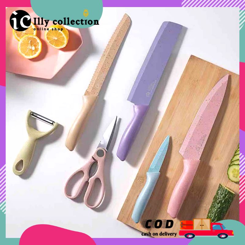 Pisau Set Warna Warni 6 in 1 Jerami Kitchen Knife EVCRIERH