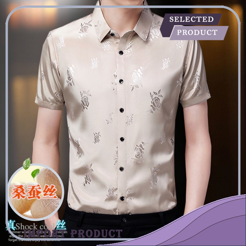 Kemeja Pria Hangzhouchina. Kgm Nyata Satin  pendek   Mulberry Sutra Setengah  Rose Jacquard Shirt Im