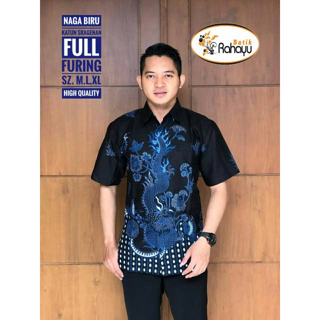 Naga biru katun Sragenan halus batik pria lengan pendek