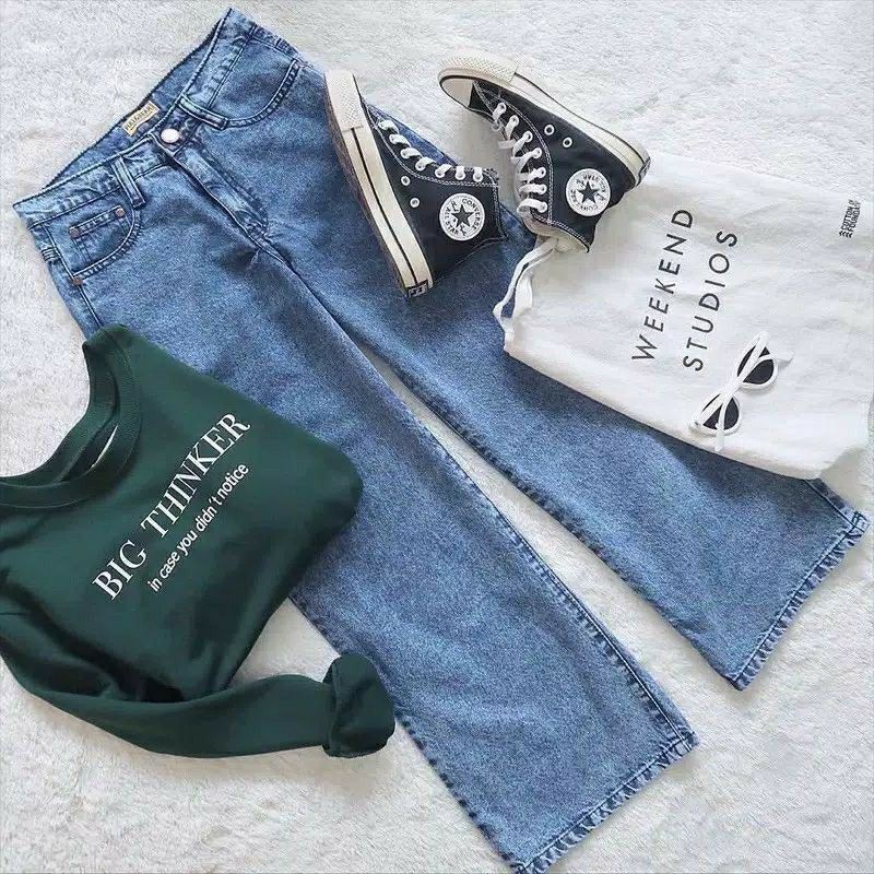 Kulot High waist Boyfriend Jeans Wanita Bahan Tebal