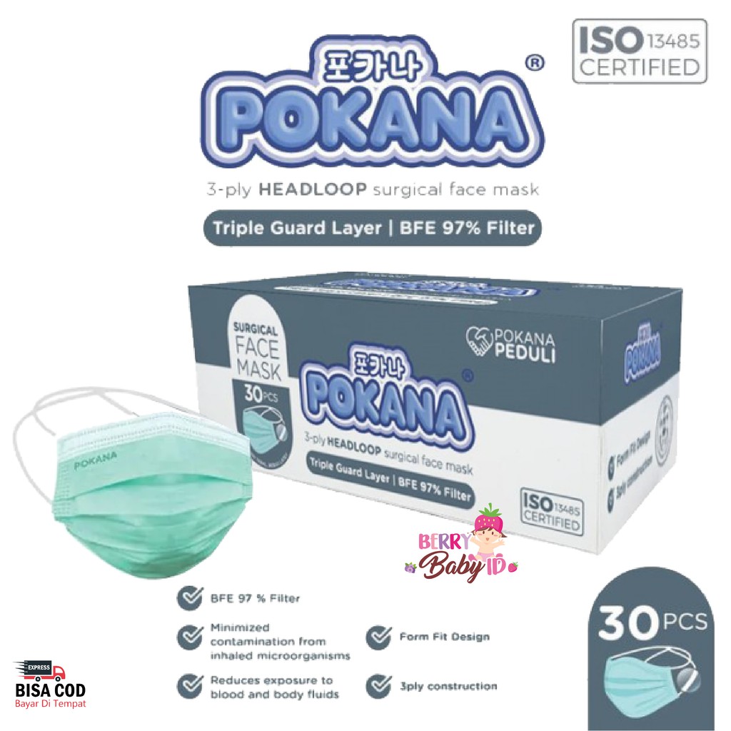 Pokana Surgical Face Mask Adult Headloop 3Ply Masker Medis Dewasa 30pc Berry Mart