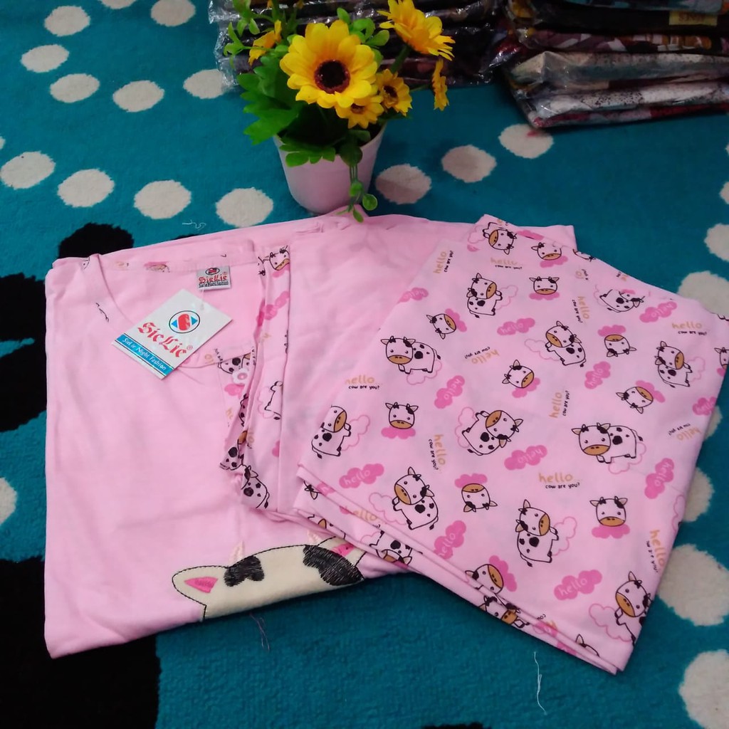 Termurah 3in1 Sie Lie Setelan Baju Tidur Wanita Dewasa Piyama Daily Set Bahan Kaos Tebal Allsize-Baby Pink
