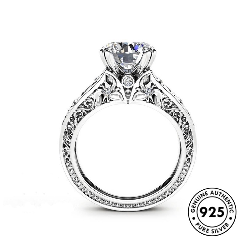 Cincin Sterling Silver 925 Desain Bunga Hias Berlian Imitasi Elegan Untuk Wanita