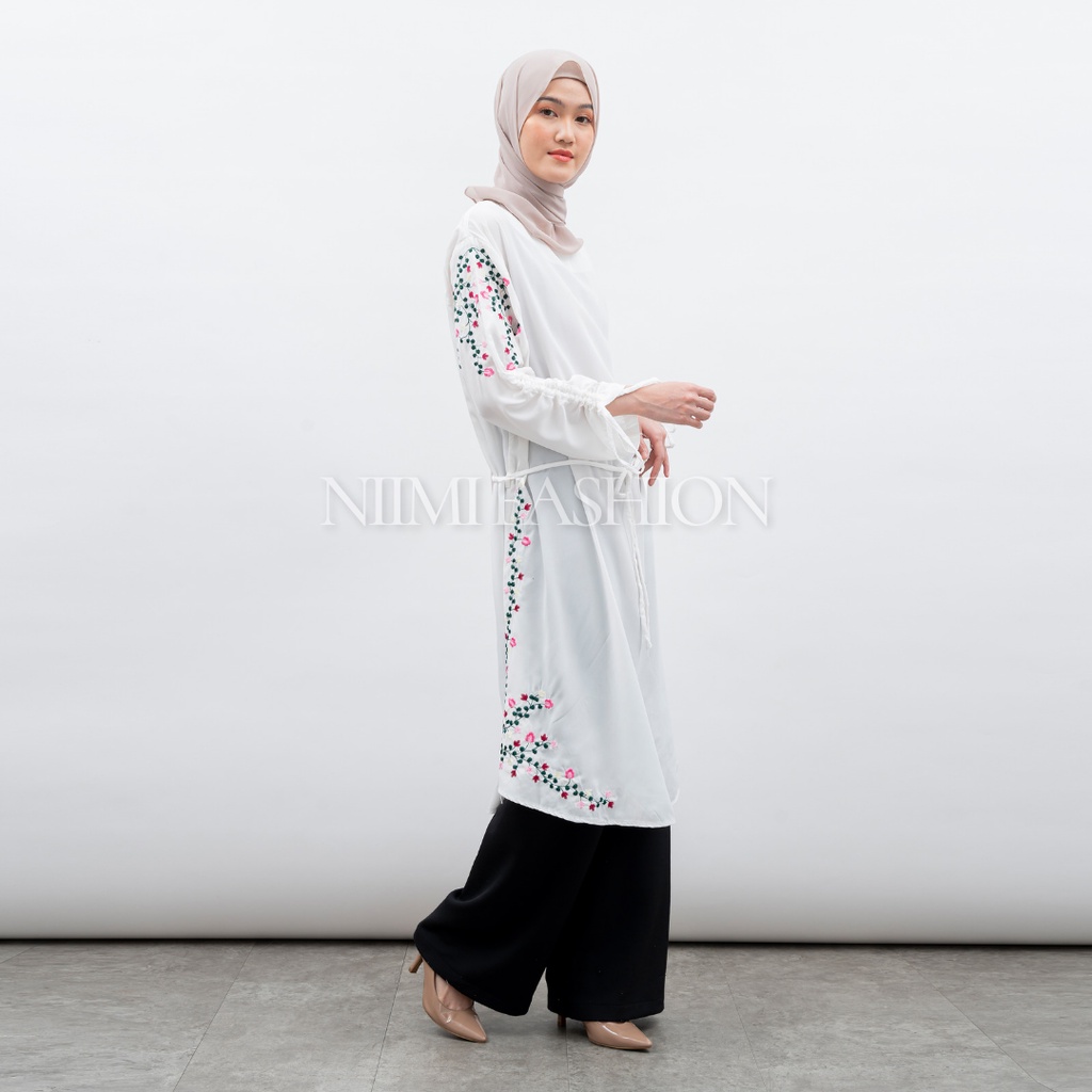 NIMI - Nadine Blouse Putih Midi Dres Putih Bordir Premium Atasan Long Tunik Putih Jumbo Bordir