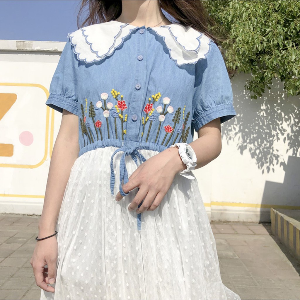 MR-63 casual dress denim navy lace flower summer baju import jepang korea