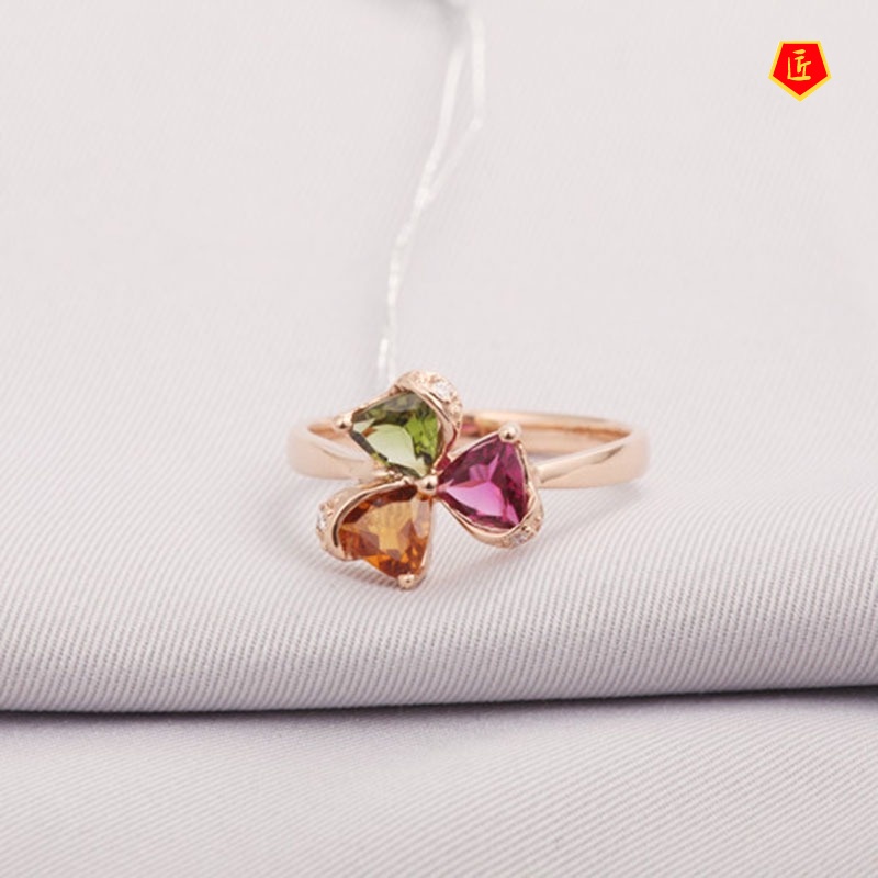[Ready Stock]Elegant Personality Clover Colorful Gemstone Ring