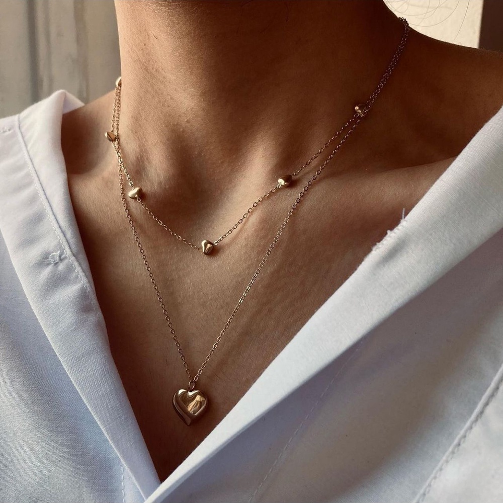 Kalung Rantai Panjang Multilayer Liontin Hati Warna Emas Gaya Bohemia Untuk Wanita