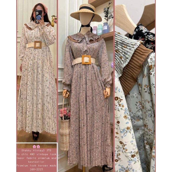 Dress wanita panjang lengan hijab motif bunga Korean Style Import