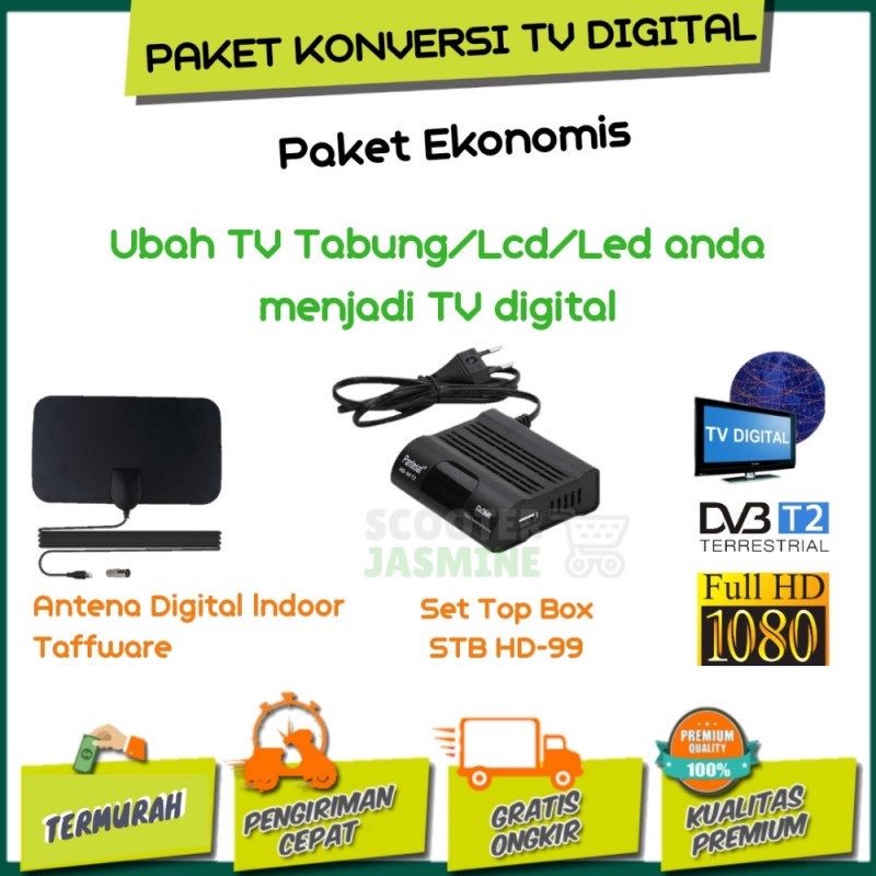 SET TOP BOX PAKET KONVERSI SIARAN TV ANALOG KE TV DIGITAL RECEIVER STB DVB T2 PLUS ANTENA DIGITAL