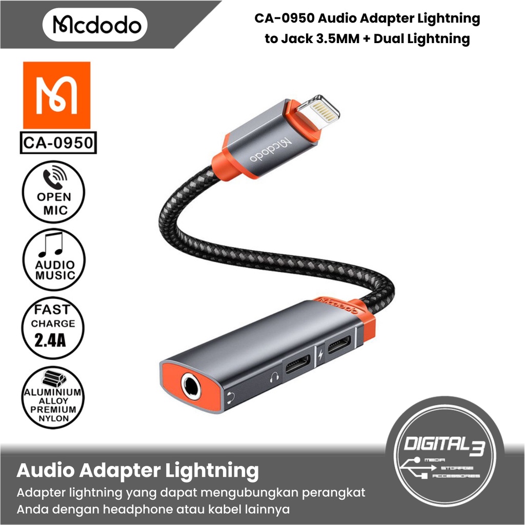 Mcdodo CA-0950 Iphone Audio Adapter Splitter Dual Lightning + DC3.5mm
