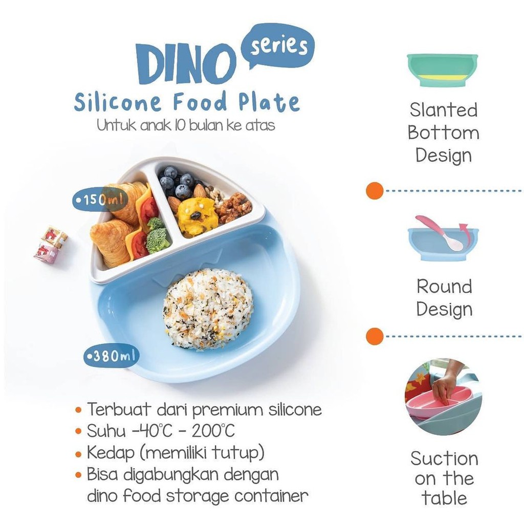 monee Dinosaur Silicone Suction Plate Piring Makan Anak Silikon Blue Biru