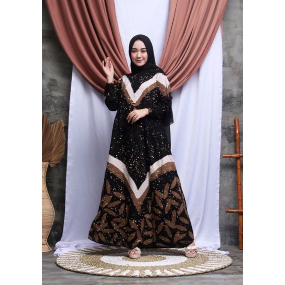 Gamis twill pelangi/gamis syari /gamis Rayon super abstrak malaman ukuran S M L XL XXL-V coklat