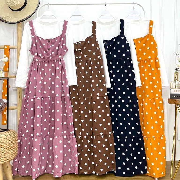 Gamis 2 in 1 (gamis + inner) overall belt motif polkadot bahan voxy merk cocobee (808)