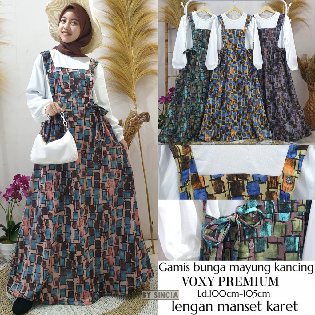 Gamis mayung model overal kancing motif kotak color bahan voxy premium merk sincia