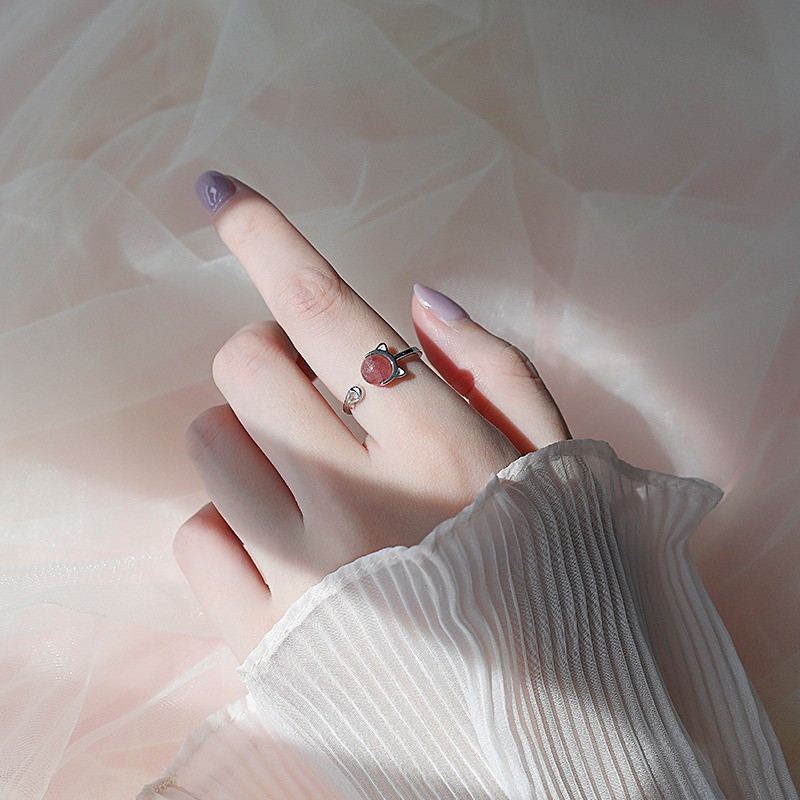 [ACKER] Cincin Mode Kucing Terbuka Dengan Kristal Berwarna Perak Dalam Cincin Gaya Anak Kucing Untuk Wanita