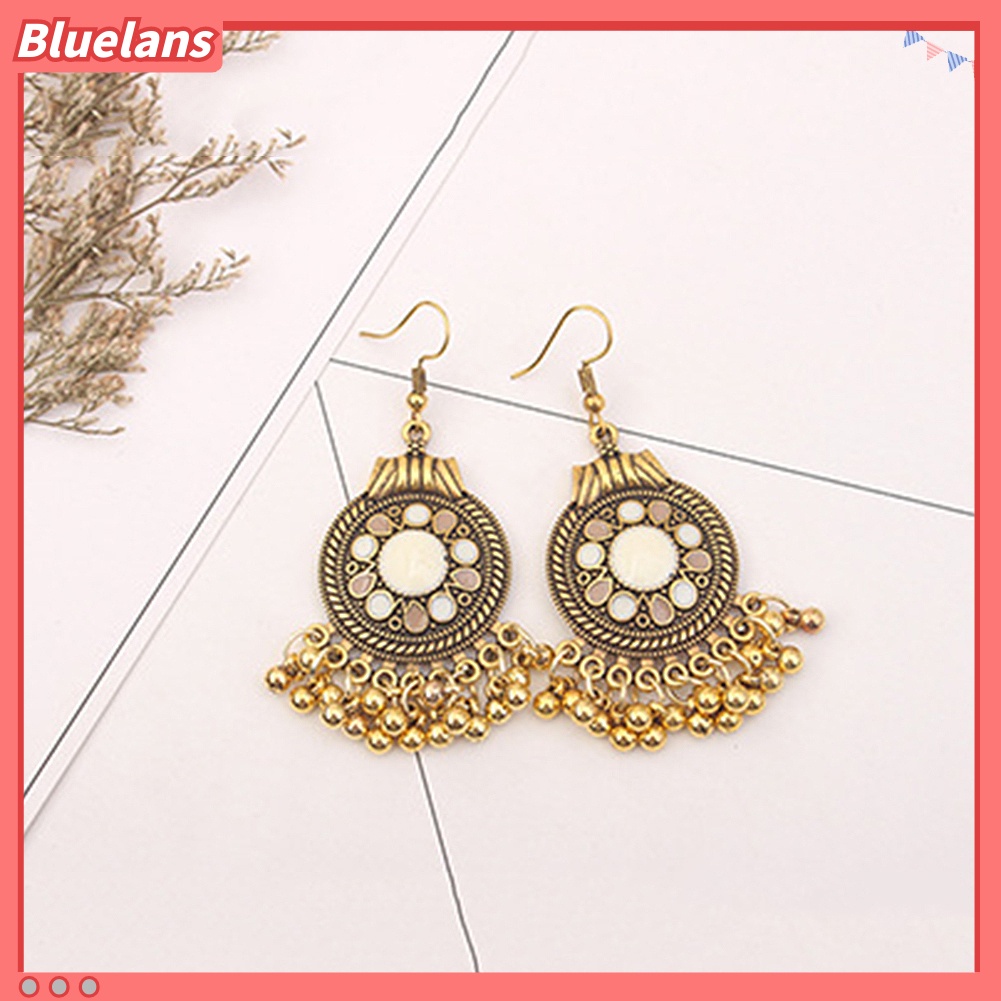 Bluelans Women Ethnic Tassel Disc Flower Bead Pendant Long Dangle Hook Earring Jewelry