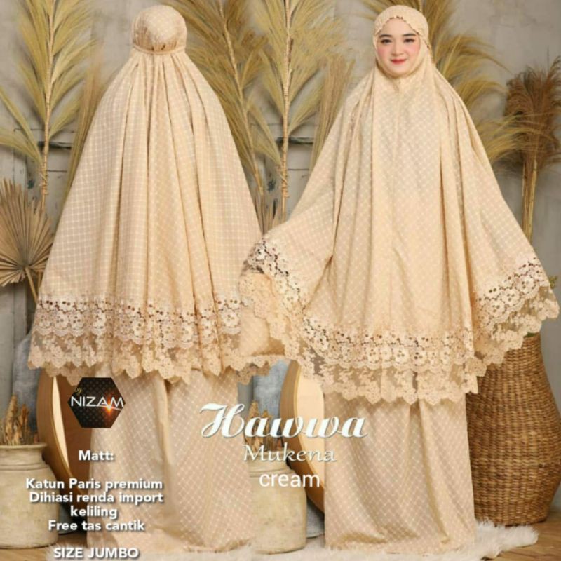 MUKENA HAWWA, CANTIK DAN ANGGUN ORIGINAL NIZAM KATUN PARIS MIX RENDA IMPORT KELILING FREE TAS CANTIK
