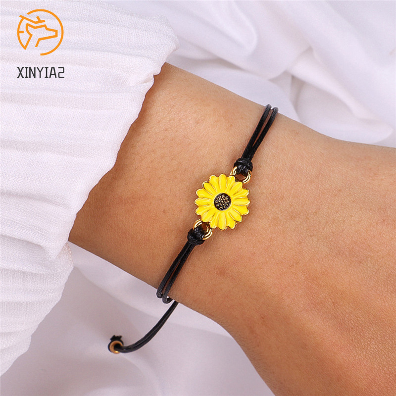 2 Pcs Korean Fashion Gelang Tali Ersahabatan Anyaman Krisan Bunga Matahari Fashion Wanita Korea Pria Couple Bracelet Daisy Hitam C3-5
