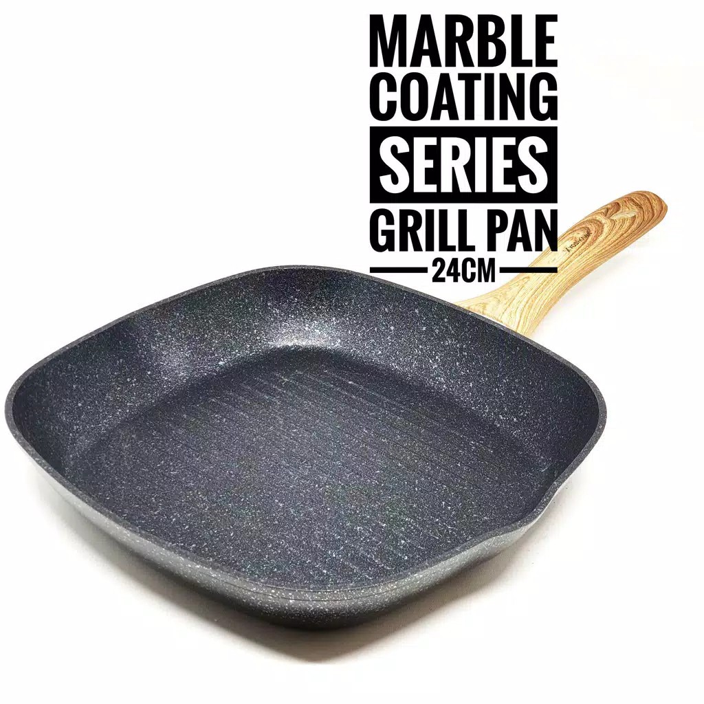 Yoshikawa 24cm Grill Pan Marble Ceramic Anti Lengket Wajan Panci Penggorengan Marbel Keramik