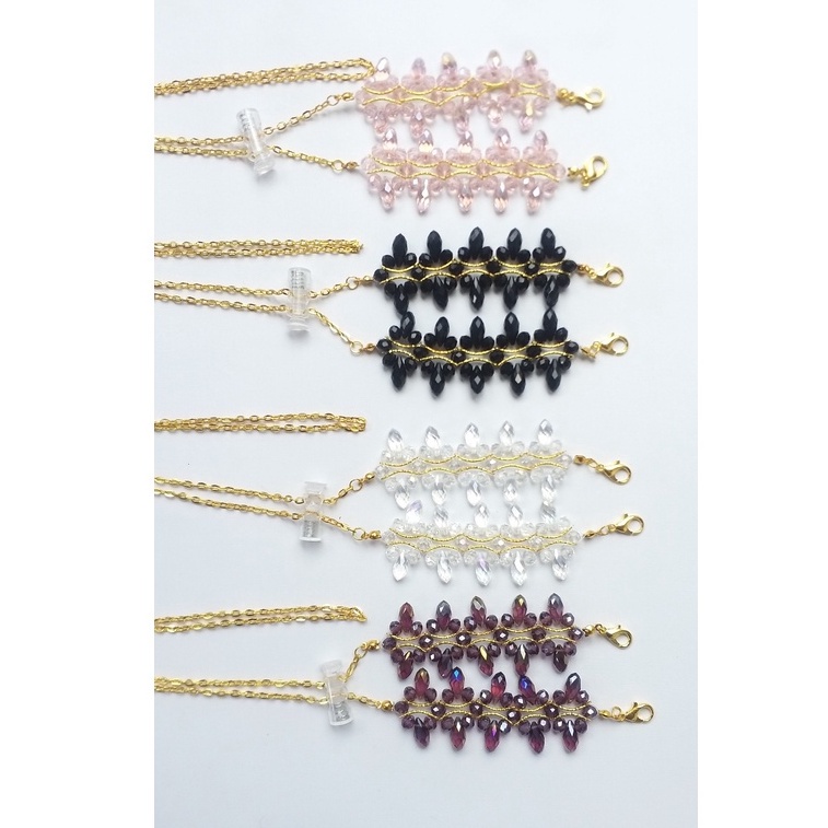 Konektor Masker Hijab Strap Masker 2in1 Rantai Stopper Serut Emas Gold Manik Kristal Wanita Crystal 