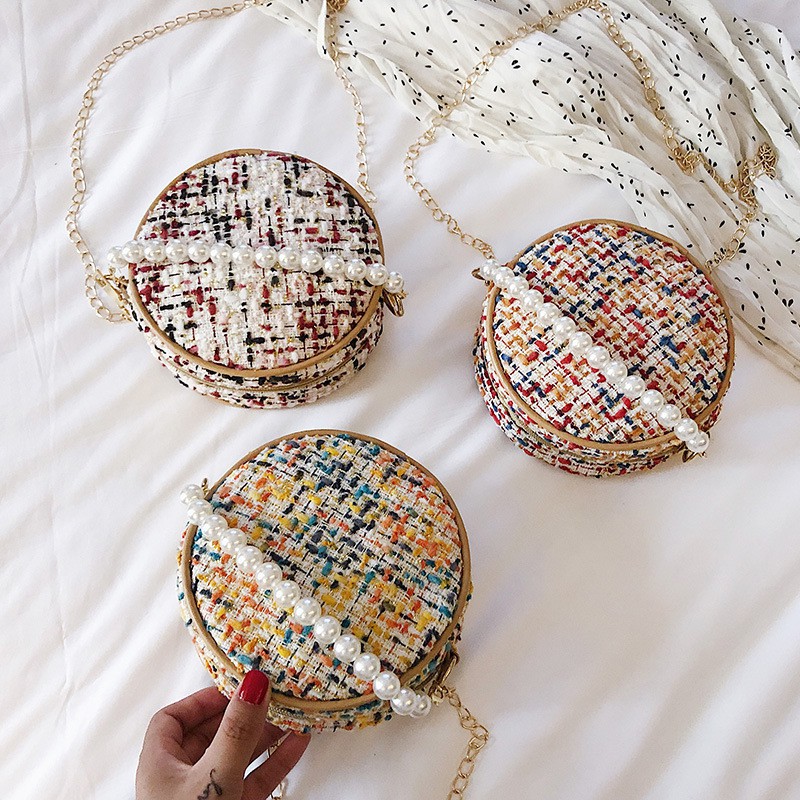 Tas Selempang Bulat Rajut Import Dekorasi Mutiara Gaya Musim Panas Terbaru/Tas Bahu Bulat Rajut