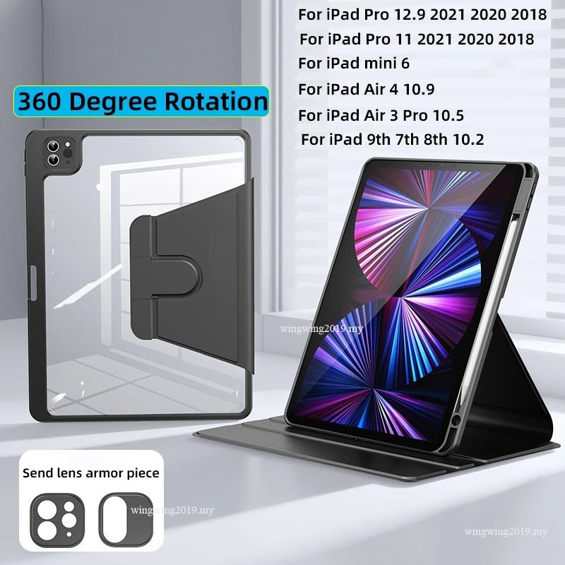 360° Hard Case Bahan Kulit Akrilik Model Flip Dapat Diputar Untuk IPad Pro 2021 M1 Pro 11 12.9 Air 5 4 10.2 9th Gen 8th 7th Mini 6