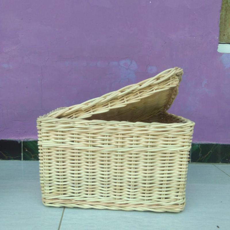 Keranjang tutup rotan besar persegi kotak penyimpanan barang keranjang motor belakang depan 35x30x21 cm