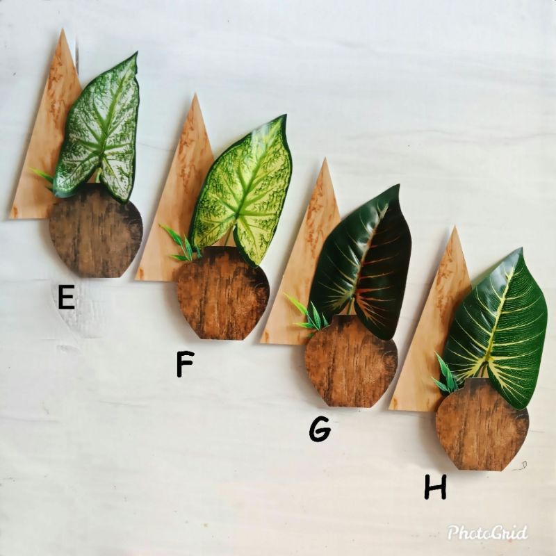 Daun Artificial 3D Hiasan Dinding Abstrak Monstera Aglonema Pot Kayu Plastik