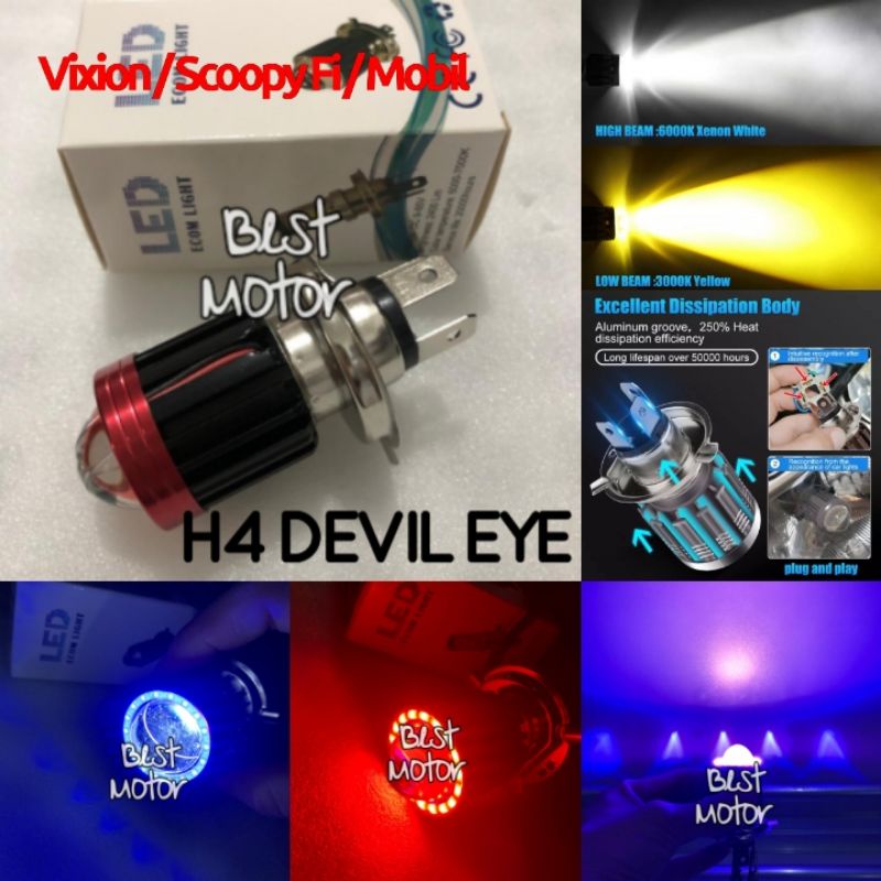 Lampu Utama H4 LED Hi-Low AC DC Jauh Dekat Devil Eye 3in1 Putih Kuning Vixion Scoopy fi Mobil