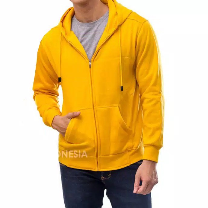 Jaket hoodie polos zipper kuning