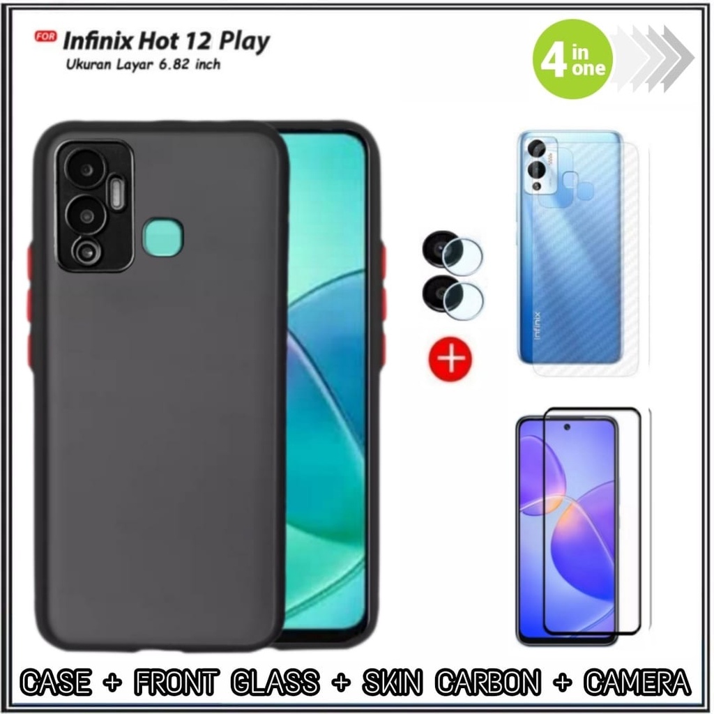 PROMO PAKET 4 IN 1 Case Infinix Hot 12 Play NFC Hot 12 Case AERO Color Dove Free Anti Gores Layar &amp; TG Camera &amp; Skin Carbon Anti Gores Jamur Handphone