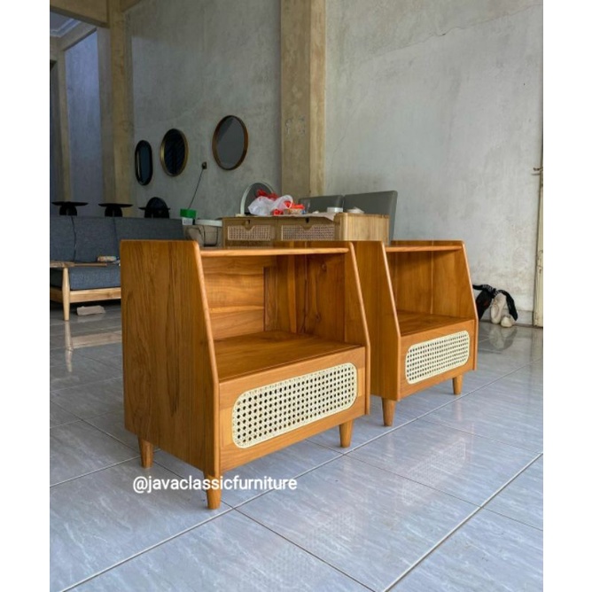 NAKAS RETRO ROTAN MINIMALIS SAMPING TEMPAT TIDUR KAMAR BESIDE TABLE PAJANGAN VINTAGE MURAH BAHAN KAYU JATI NATURAL-1